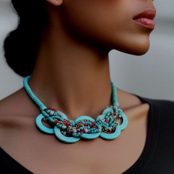 Turquoise and Red Color Beaded Statement Necklace - Picture 1 of 3